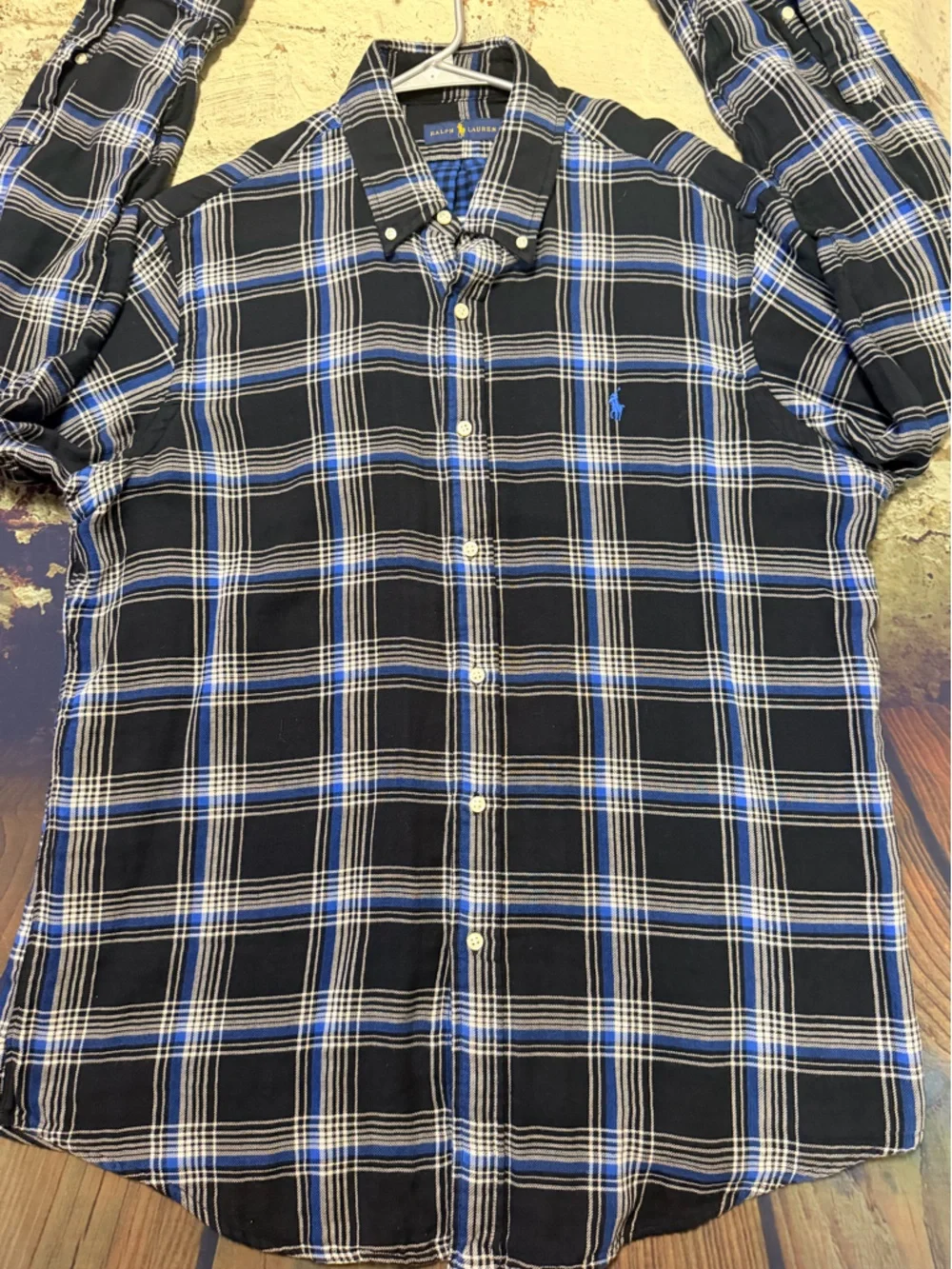 Polo by Ralph Lauren Men’s Double Faced Black Plaid Shirt with Blue & White